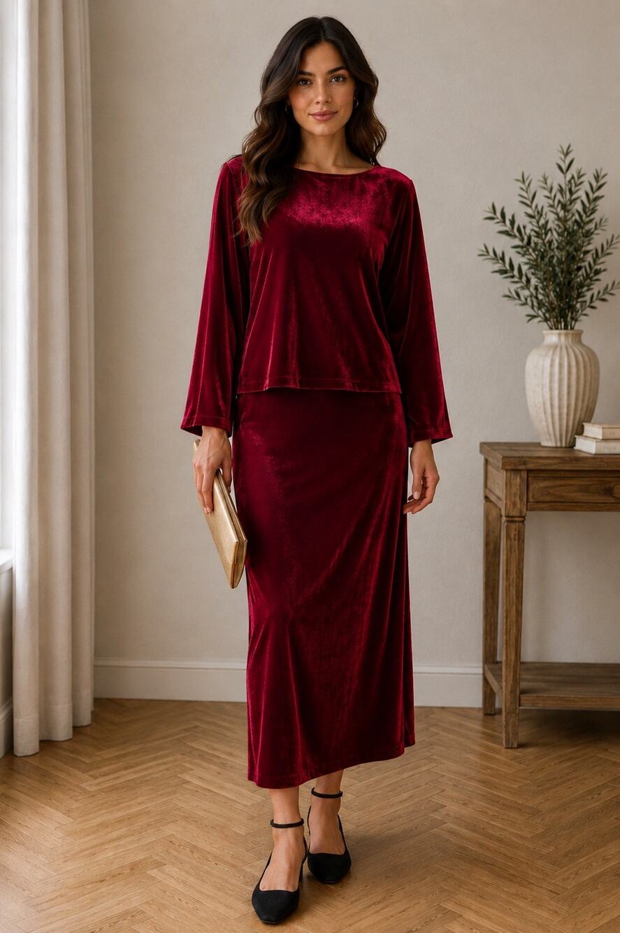 Eileen Fisher Velvet Midi Skirt Size L Red Silk Viscose Elastic Waist NWOT $288